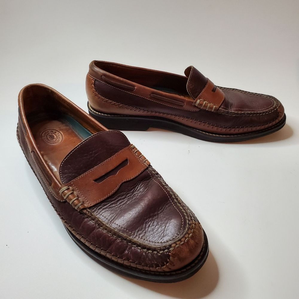 Vintage H.S. Trask GumLite Two Tone Brown Penny Loafers Bison Leather Size 14